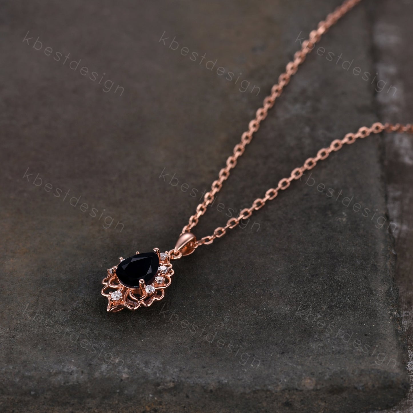 Vintage 1.5CT Black Onyx Necklace, Rose Gold Pear cut Black Onyx Pendant, Black Gemstone Jewelry, Unique Art Deco Bridal Promise Gift