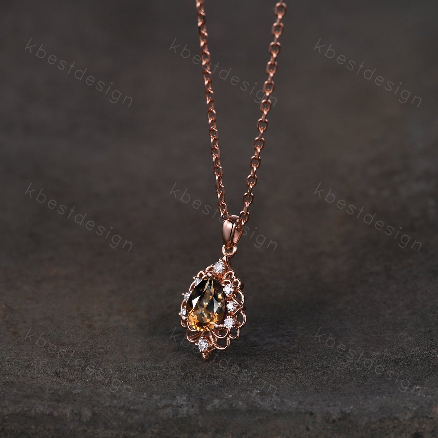Vintage Smoky Quartz Necklace, Rose Gold Pear cut Brown Quartz Pendant, Natural Crystal Jewelry, Unique Art Deco Bridal Promise Gift