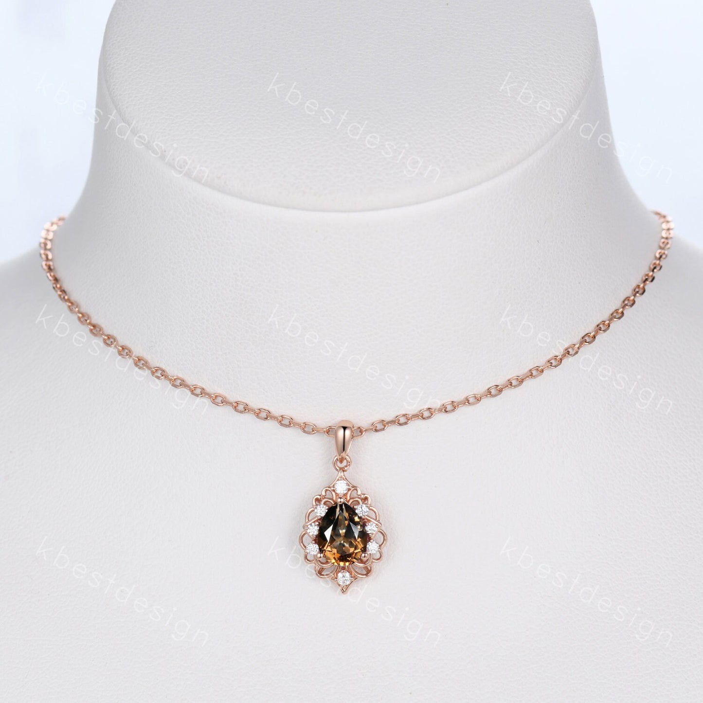 Vintage Smoky Quartz Necklace, Rose Gold Pear cut Brown Quartz Pendant, Natural Crystal Jewelry, Unique Art Deco Bridal Promise Gift