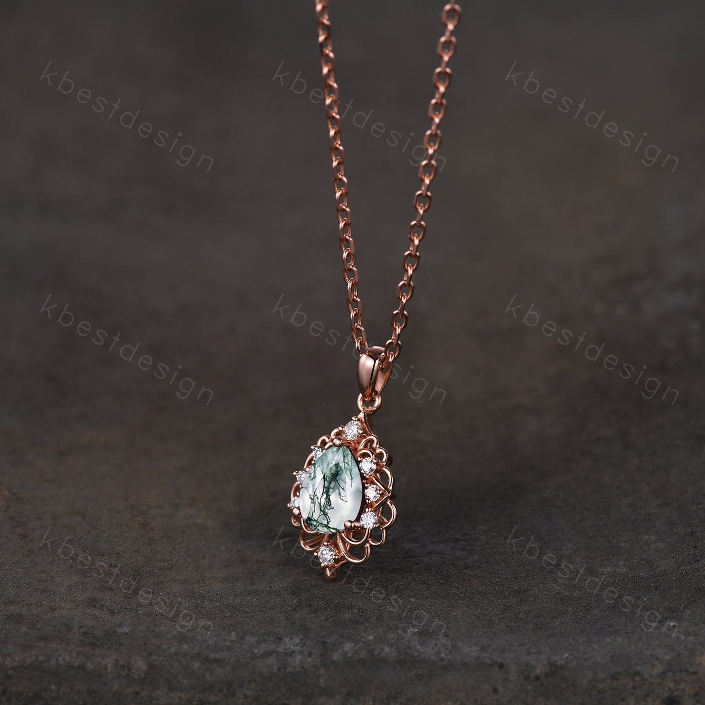 Pear cut natural moss agate necklace vintage women rose gold necklace pear cut green agate pendant unique art deco bridal promise gift