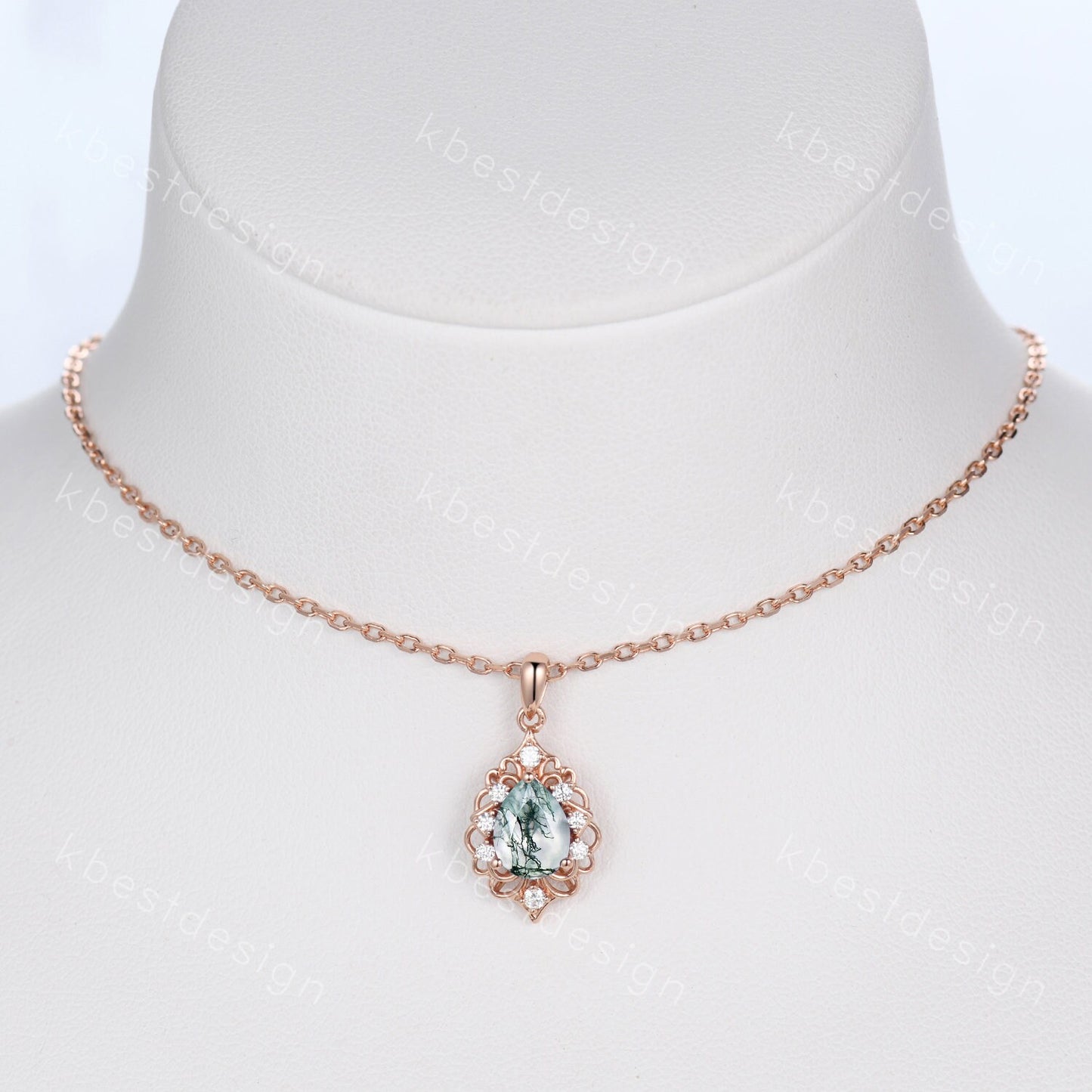 Pear cut natural moss agate necklace vintage women rose gold necklace pear cut green agate pendant unique art deco bridal promise gift