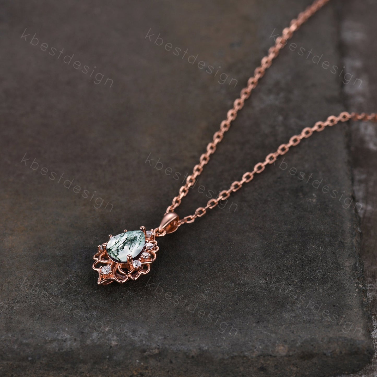 Pear cut natural moss agate necklace vintage women rose gold necklace pear cut green agate pendant unique art deco bridal promise gift