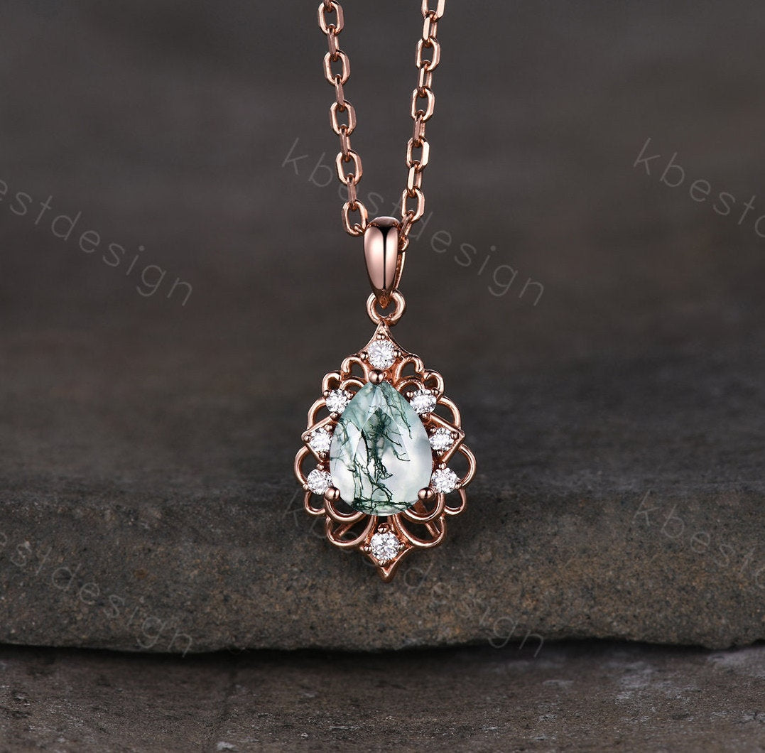 Pear cut natural moss agate necklace vintage women rose gold necklace pear cut green agate pendant unique art deco bridal promise gift