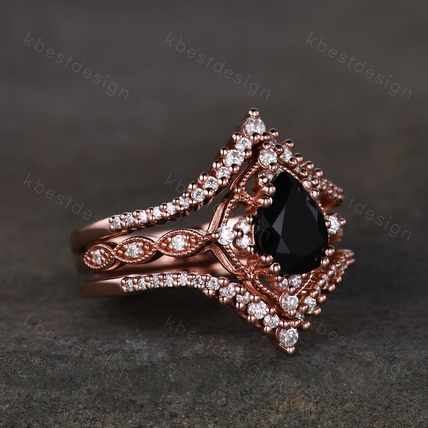 3PCS Vintage black onyx engagement ring rose gold ring art deco curved stacking band pear shaped bridal set unique moissanite wedding set