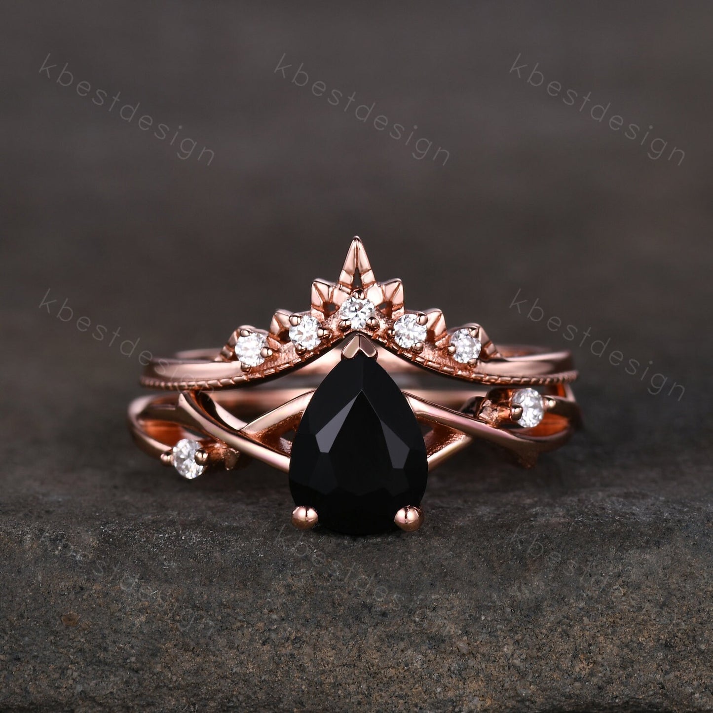 Twig black onyx engagement ring set rose gold ring art deco curved stacking band pear shaped bridal set unique moissanite wedding ring set