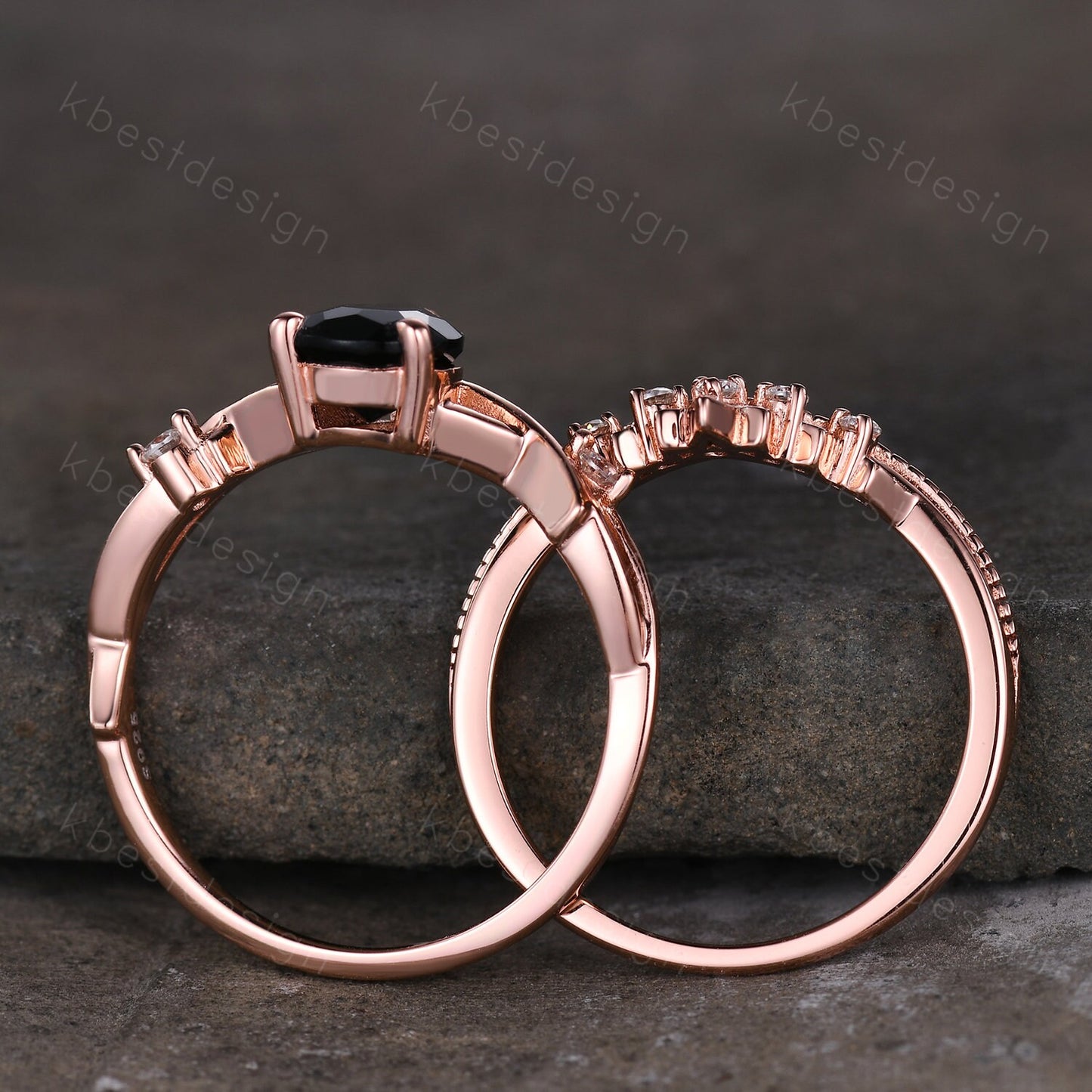 Twig black onyx engagement ring set rose gold ring art deco curved stacking band pear shaped bridal set unique moissanite wedding ring set