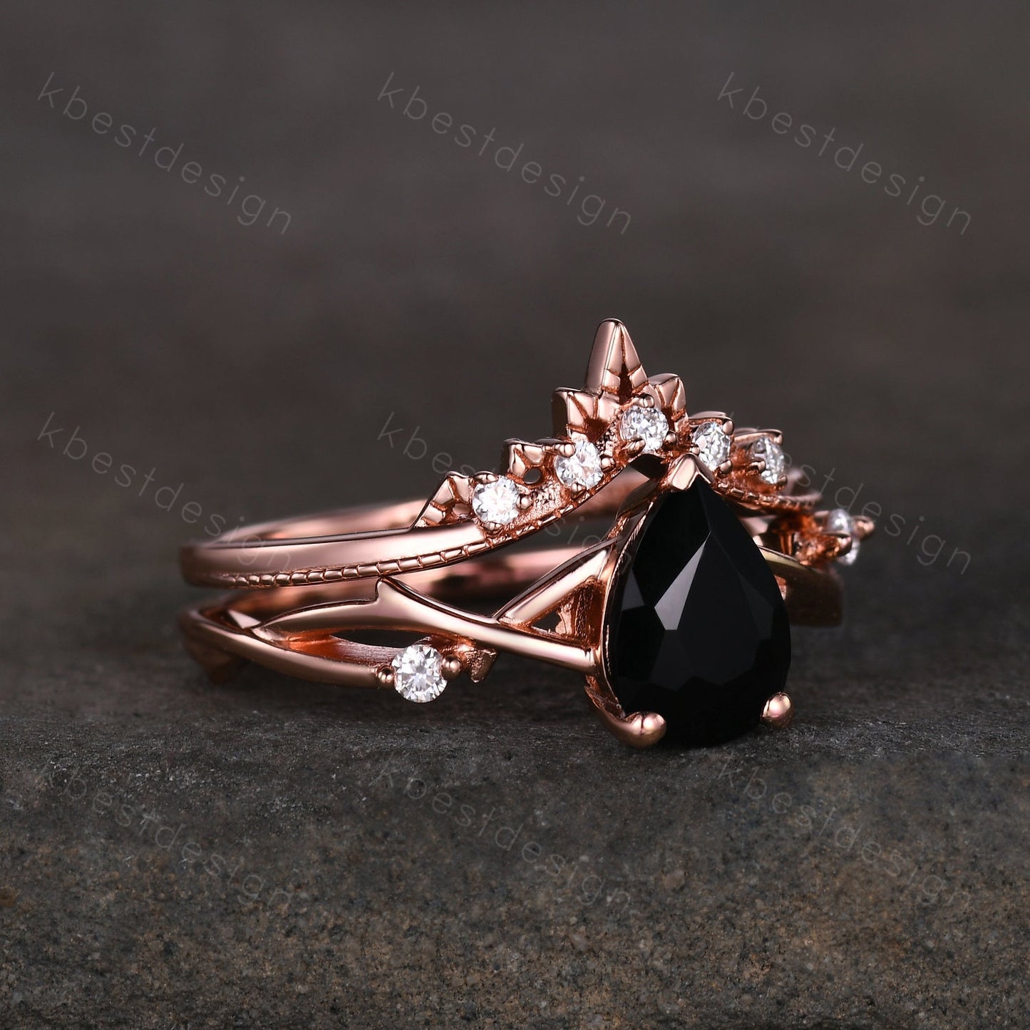 Twig black onyx engagement ring set rose gold ring art deco curved stacking band pear shaped bridal set unique moissanite wedding ring set