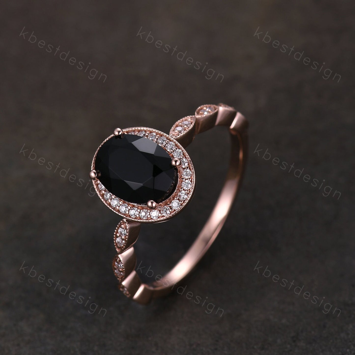 Oval cut black onyx engagement ring rose gold ring unique art deco halo engagement ring half eternity moissanite wedding ring promise ring
