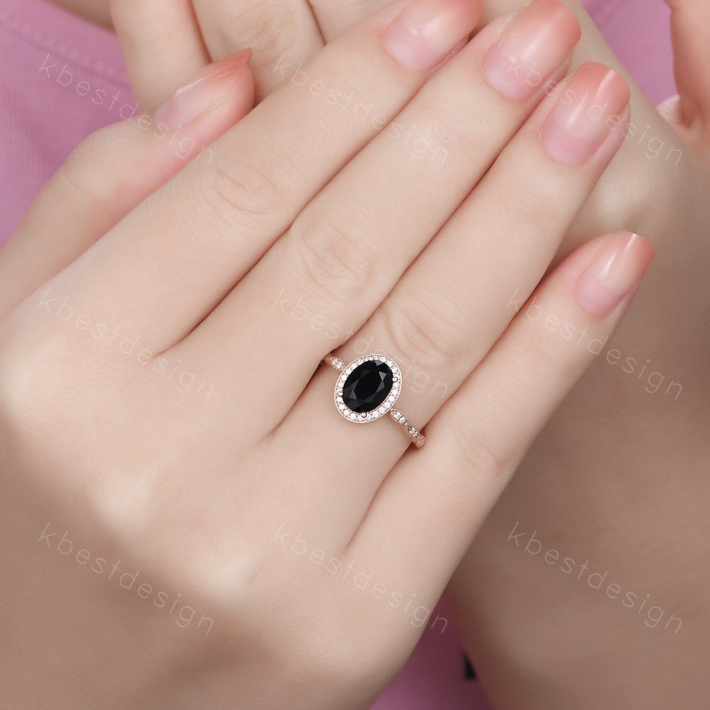 Oval cut black onyx engagement ring rose gold ring unique art deco halo engagement ring half eternity moissanite wedding ring promise ring