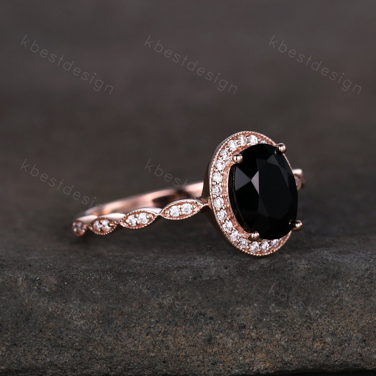 Oval cut black onyx engagement ring rose gold ring unique art deco halo engagement ring half eternity moissanite wedding ring promise ring