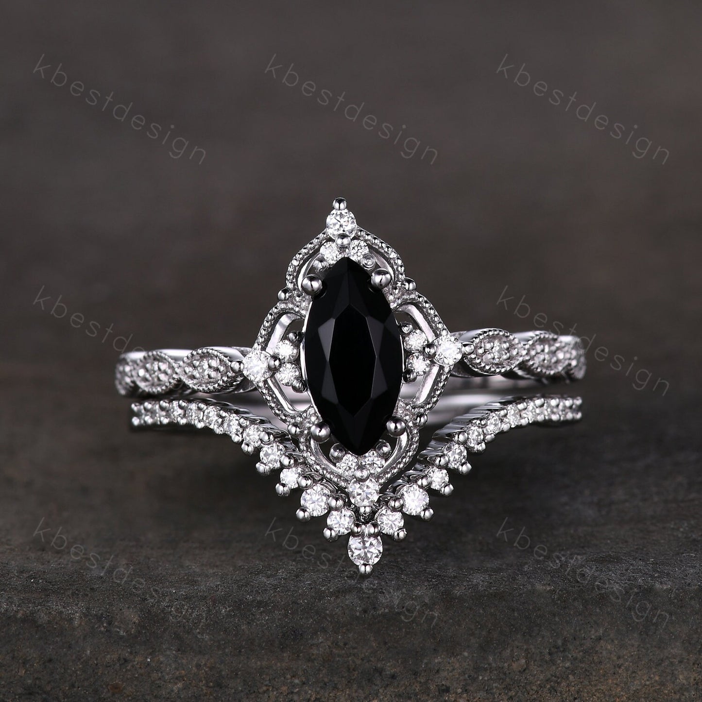 Vintage black onyx engagement ring silver gold ring art deco curved stacking band marquise cut bridal set unique moissanite wedding set