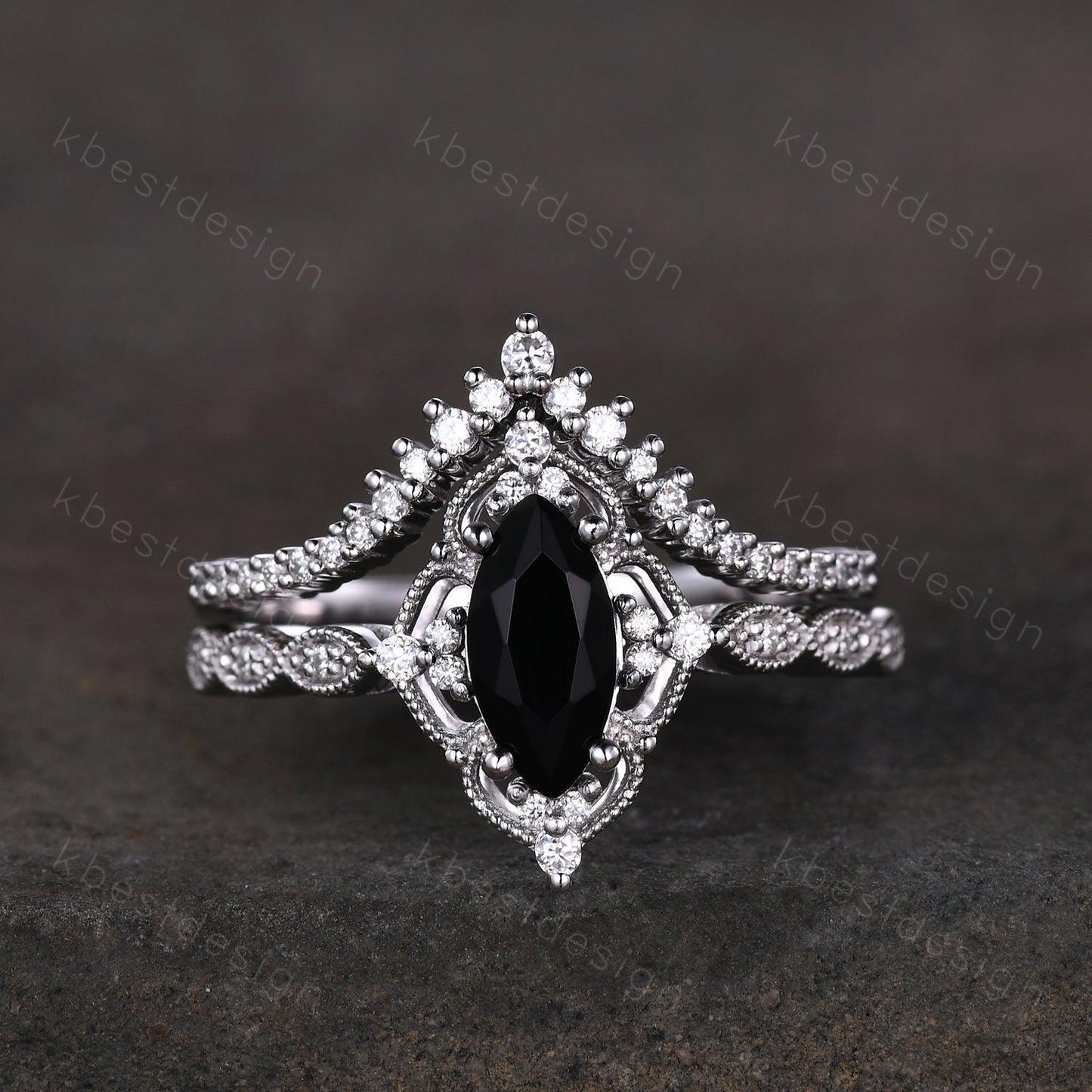 Vintage black onyx engagement ring silver gold ring art deco curved stacking band marquise cut bridal set unique moissanite wedding set