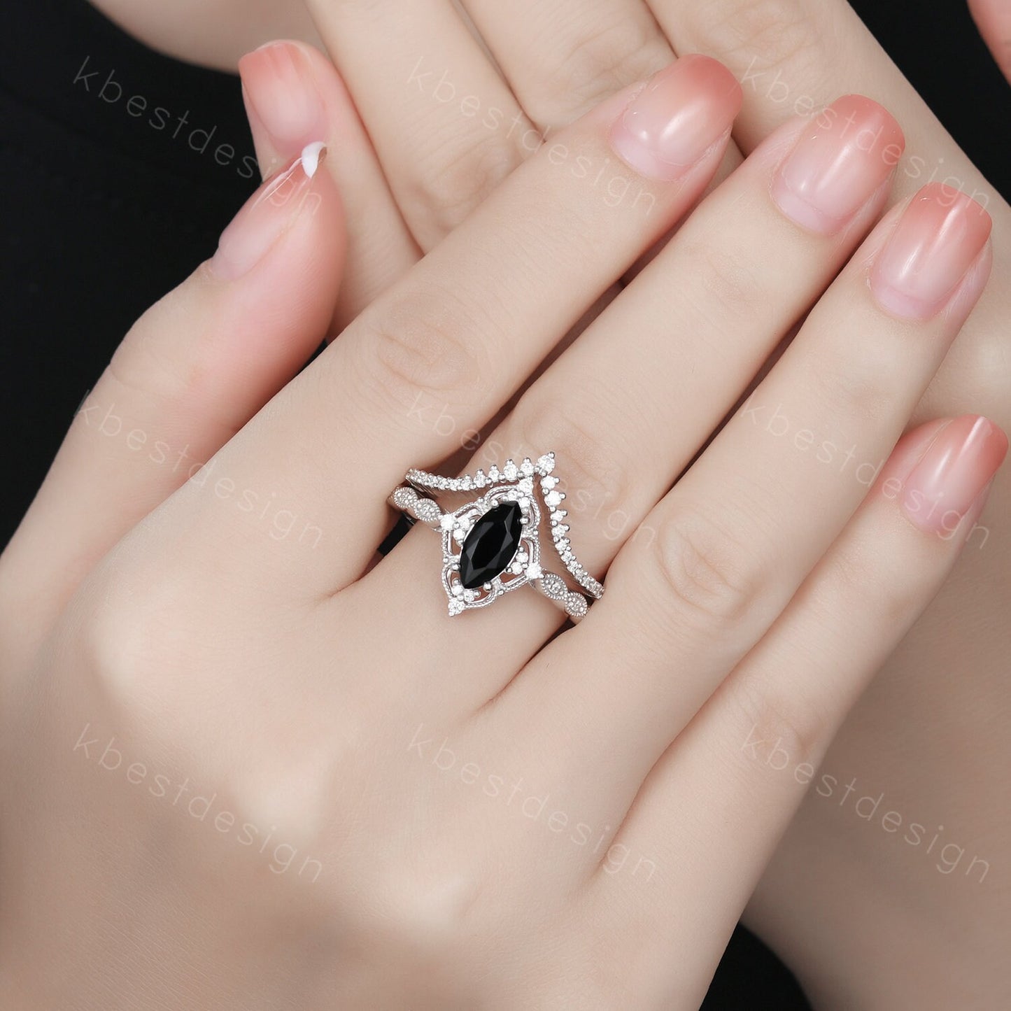 Vintage black onyx engagement ring silver gold ring art deco curved stacking band marquise cut bridal set unique moissanite wedding set
