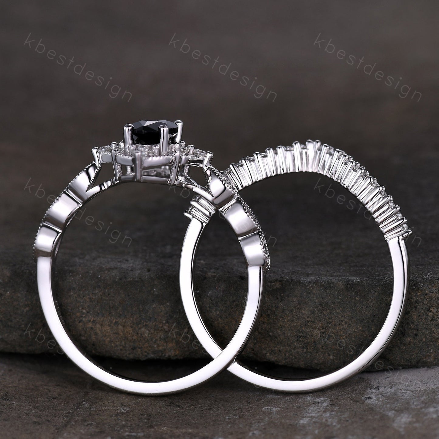 Vintage black onyx engagement ring silver gold ring art deco curved stacking band marquise cut bridal set unique moissanite wedding set