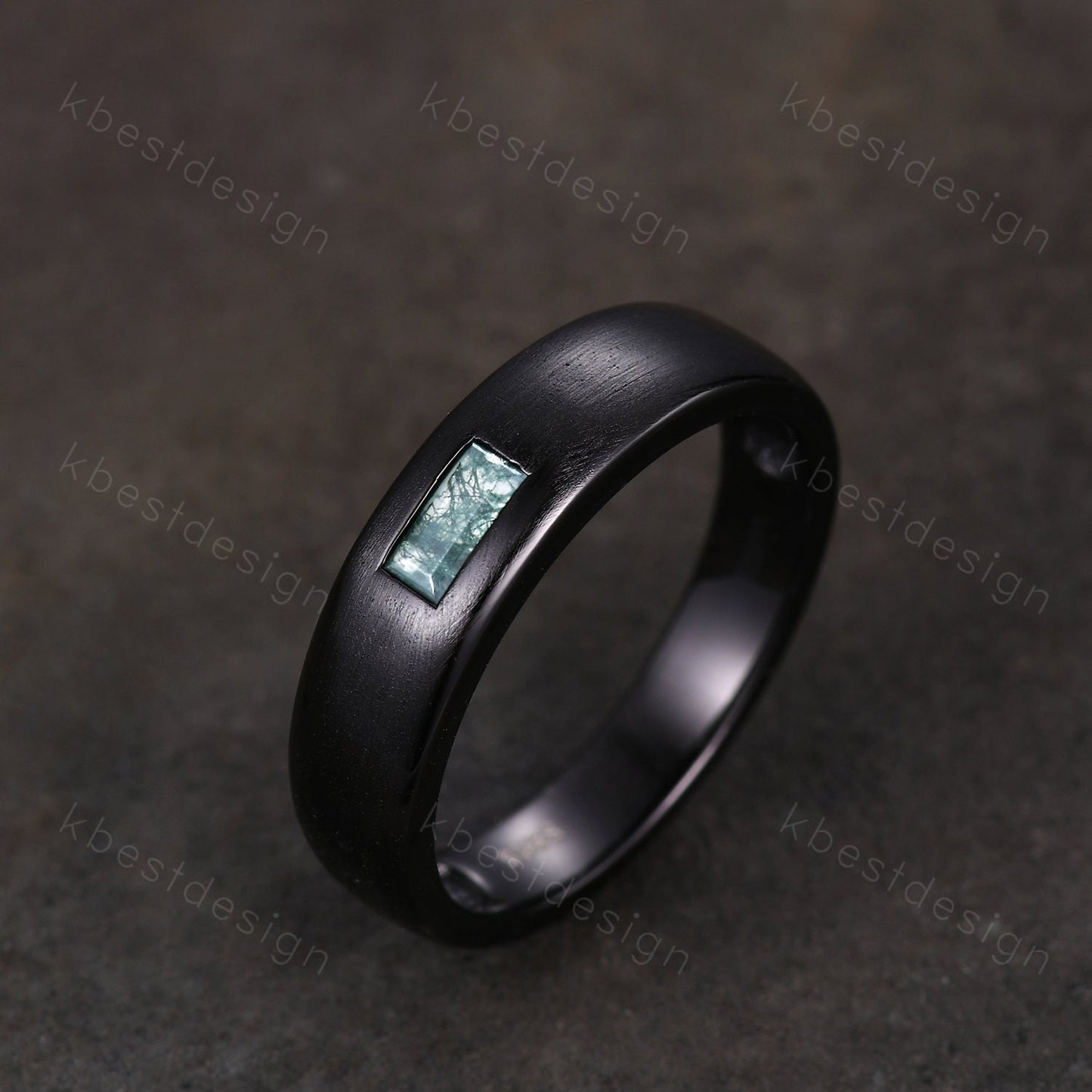 Mens Moss agate Wedding Band Baguette Cut Green Agate Band 5mm Black Gold Men's Stacking Matching Band Brushed Finish Band Gift for Him