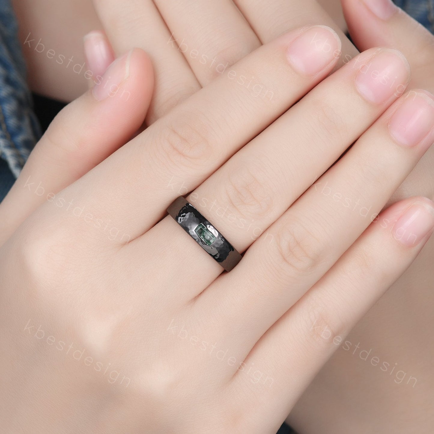 Mens Natural Moss agate Wedding Band 5mm Black Gold Band Baguette Cut Green Agate Band Men's Hammered Wedding Band Anniversary Gift for Him
