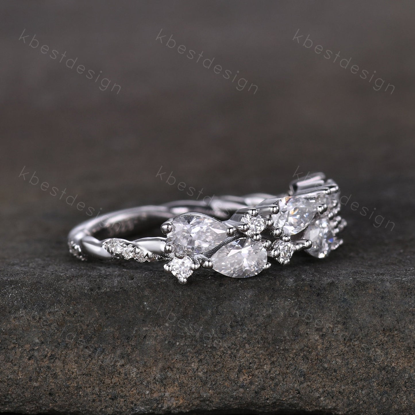Vintage Moissanite wedding band women Pear cut Half eternity band Sterling silver wedding band Unique Stacking Matching bridal promise ring