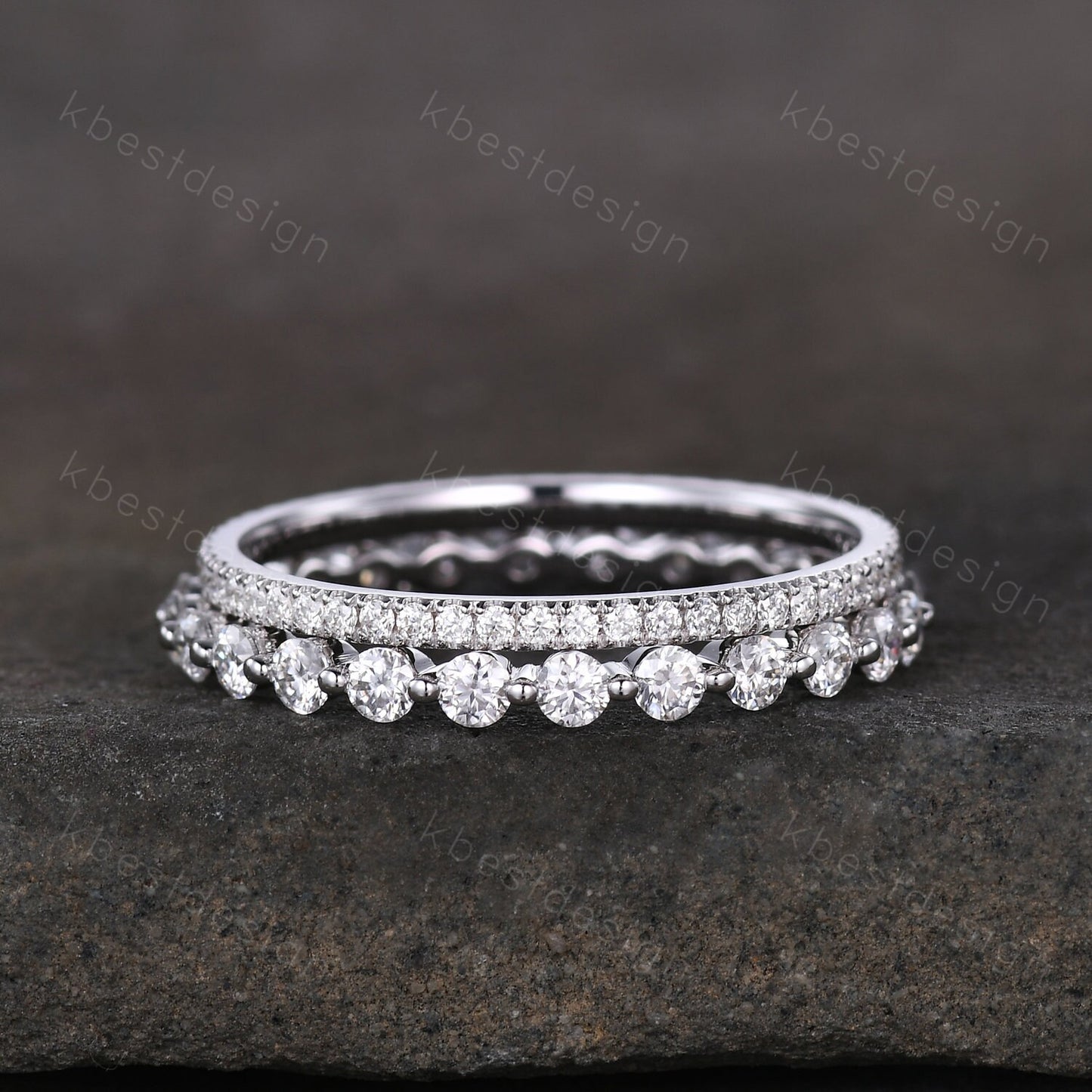 2PCS Moissanite wedding band set women 2mm Round cut eternity band Yellow gold wedding band Unique Stacking Matching anniversary ring gift
