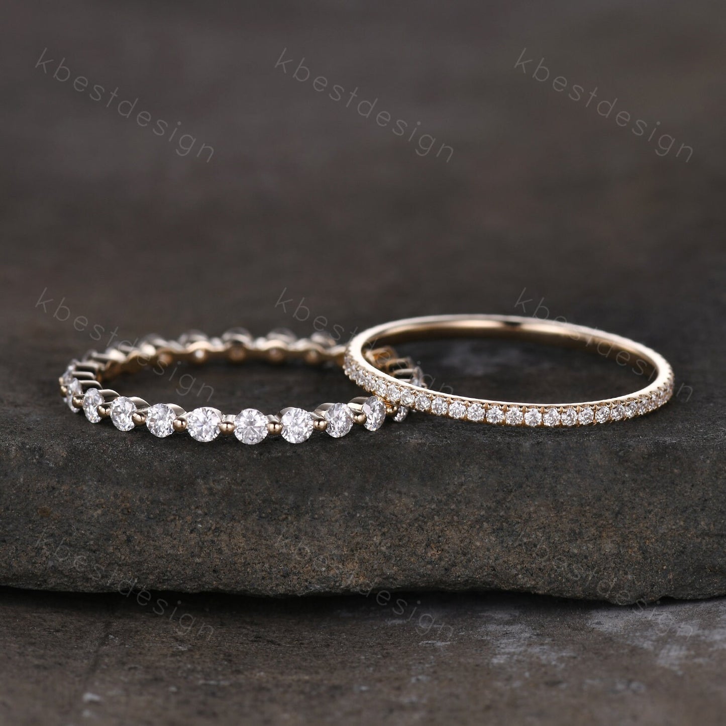 2PCS Moissanite wedding band set women 2mm Round cut eternity band Yellow gold wedding band Unique Stacking Matching anniversary ring gift