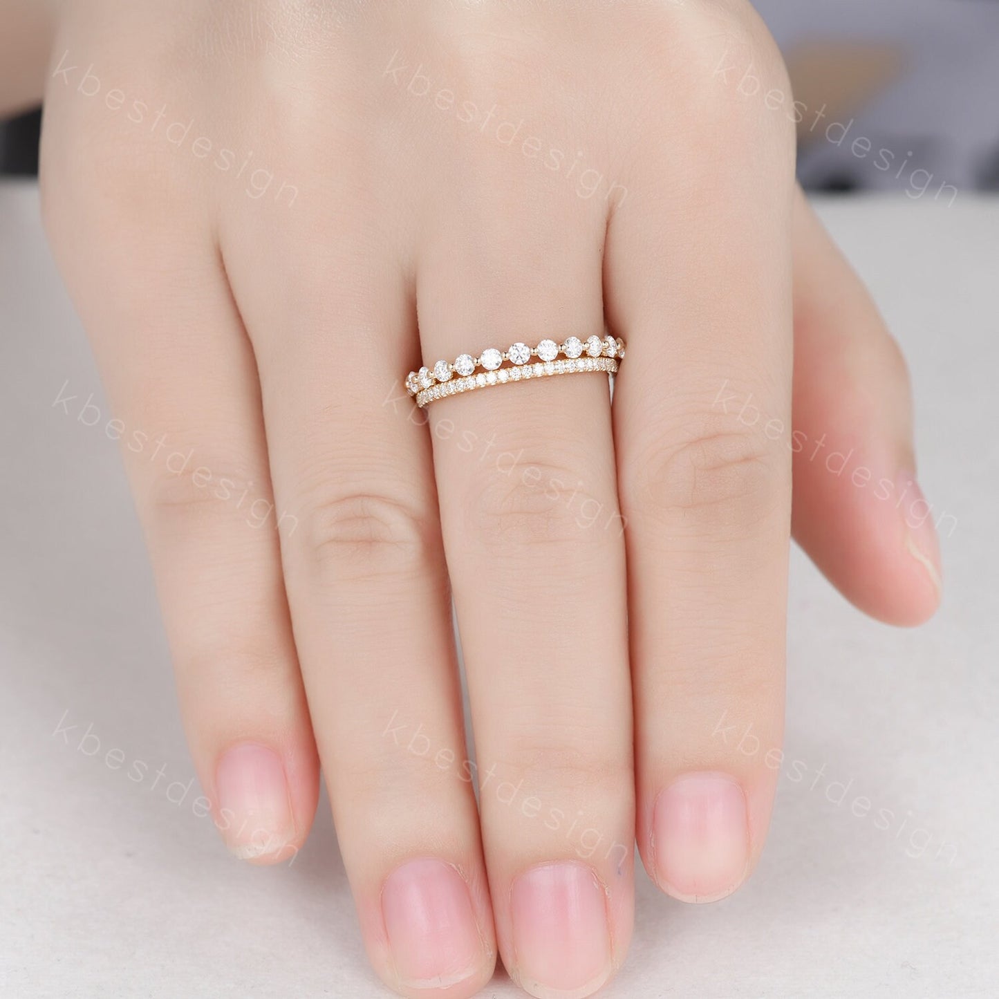 2PCS Moissanite wedding band set women 2mm Round cut eternity band Yellow gold wedding band Unique Stacking Matching anniversary ring gift