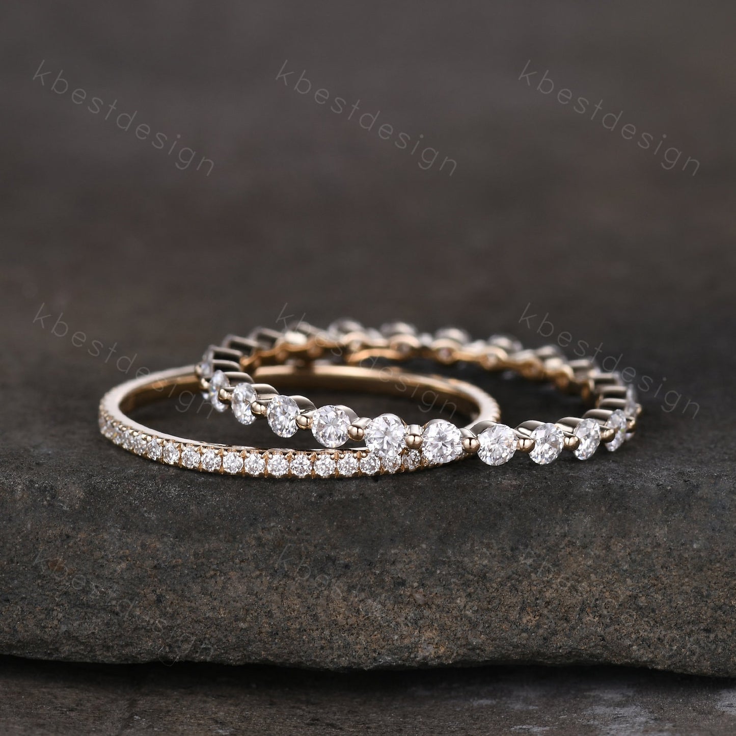 2PCS Moissanite wedding band set women 2mm Round cut eternity band Yellow gold wedding band Unique Stacking Matching anniversary ring gift
