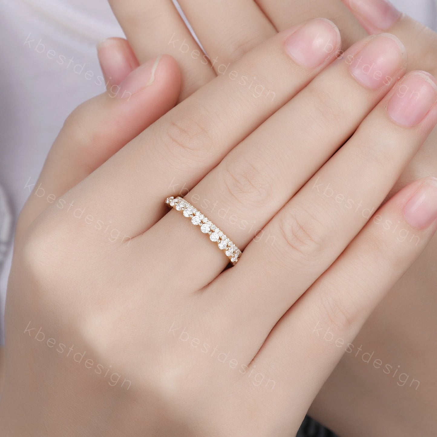 2PCS Moissanite wedding band set women 2mm Round cut eternity band Yellow gold wedding band Unique Stacking Matching anniversary ring gift
