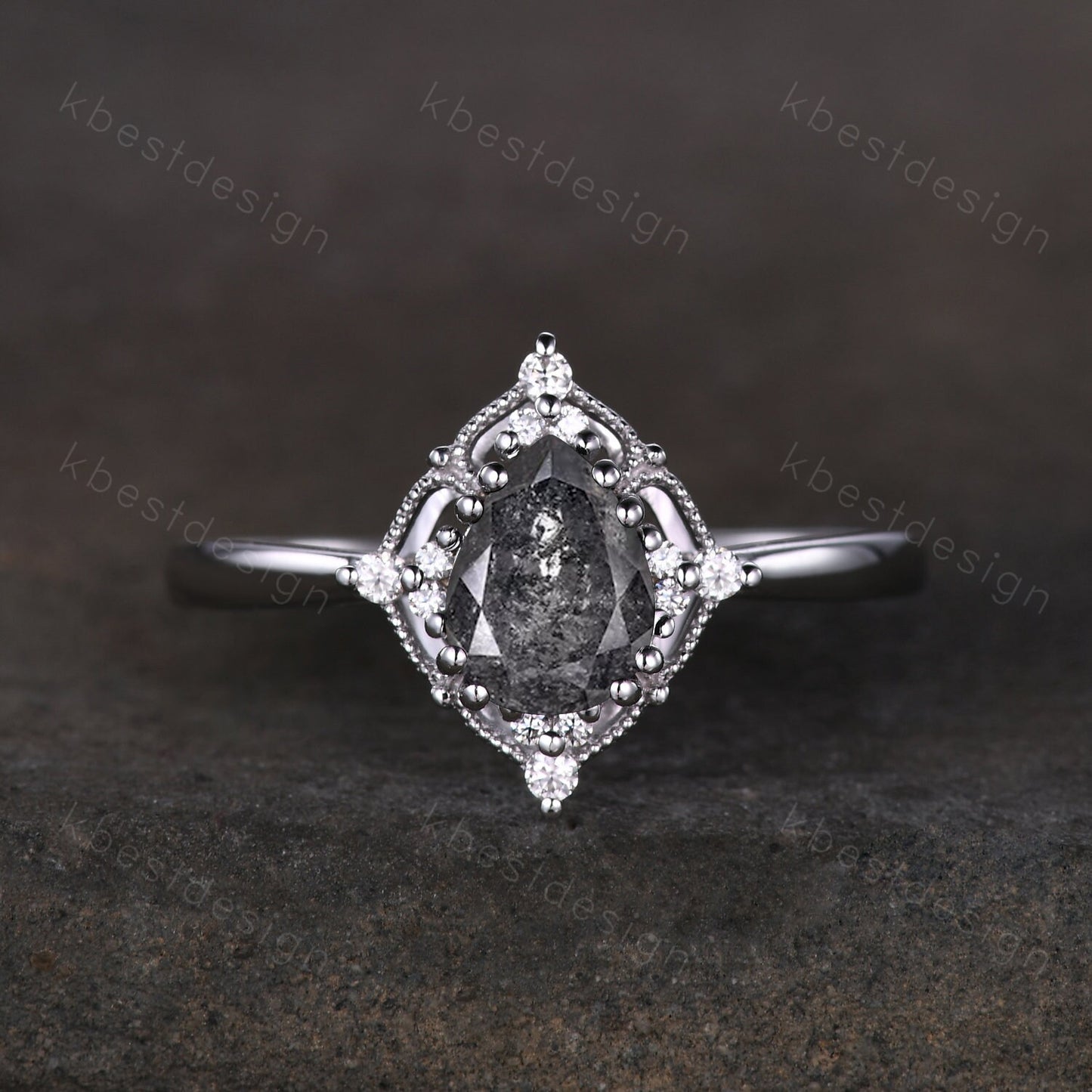 Pear Cut Salt and Pepper Diamond Engagement Ring Unique Art Deco Moissanite Ring 14K White Gold Ring Black Gemstone ring Bridal Promise Ring