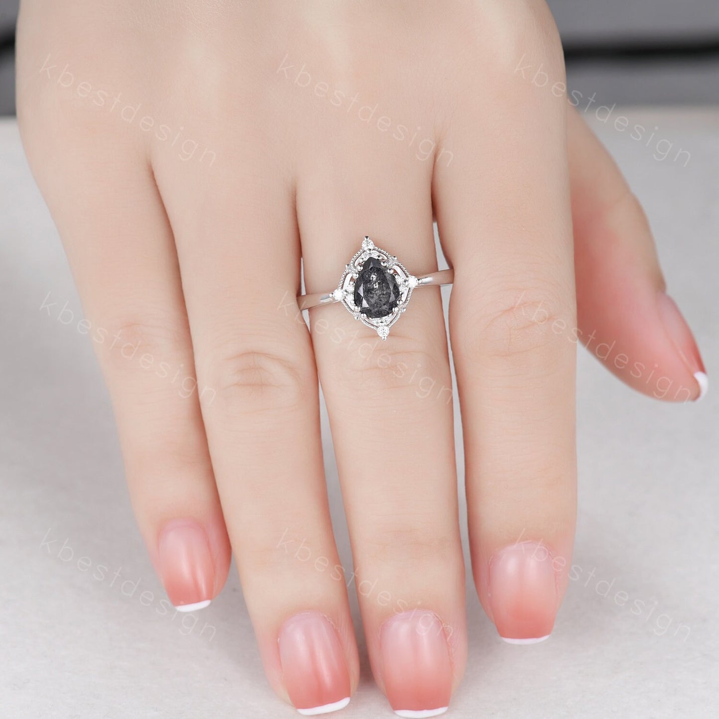 Pear Cut Salt and Pepper Diamond Engagement Ring Unique Art Deco Moissanite Ring 14K White Gold Ring Black Gemstone ring Bridal Promise Ring
