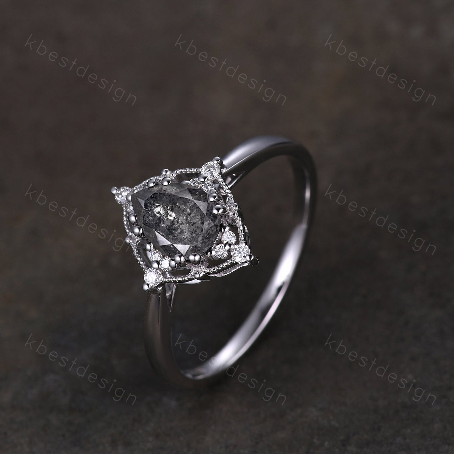 Pear Cut Salt and Pepper Diamond Engagement Ring Unique Art Deco Moissanite Ring 14K White Gold Ring Black Gemstone ring Bridal Promise Ring