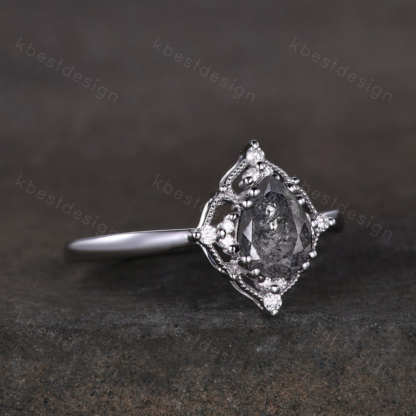 Pear Cut Salt and Pepper Diamond Engagement Ring Unique Art Deco Moissanite Ring 14K White Gold Ring Black Gemstone ring Bridal Promise Ring