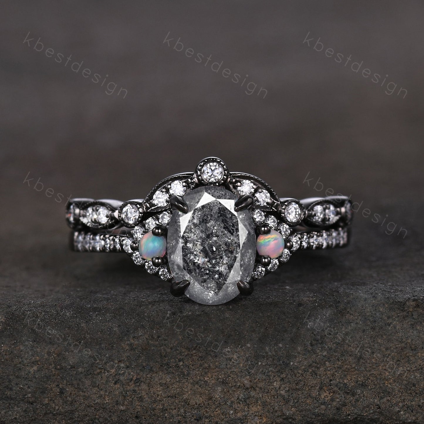 Vintage oval salt and pepper diamond engagement ring set black gold moissanite stacking wedding band unique art deco bridal wedding ring set