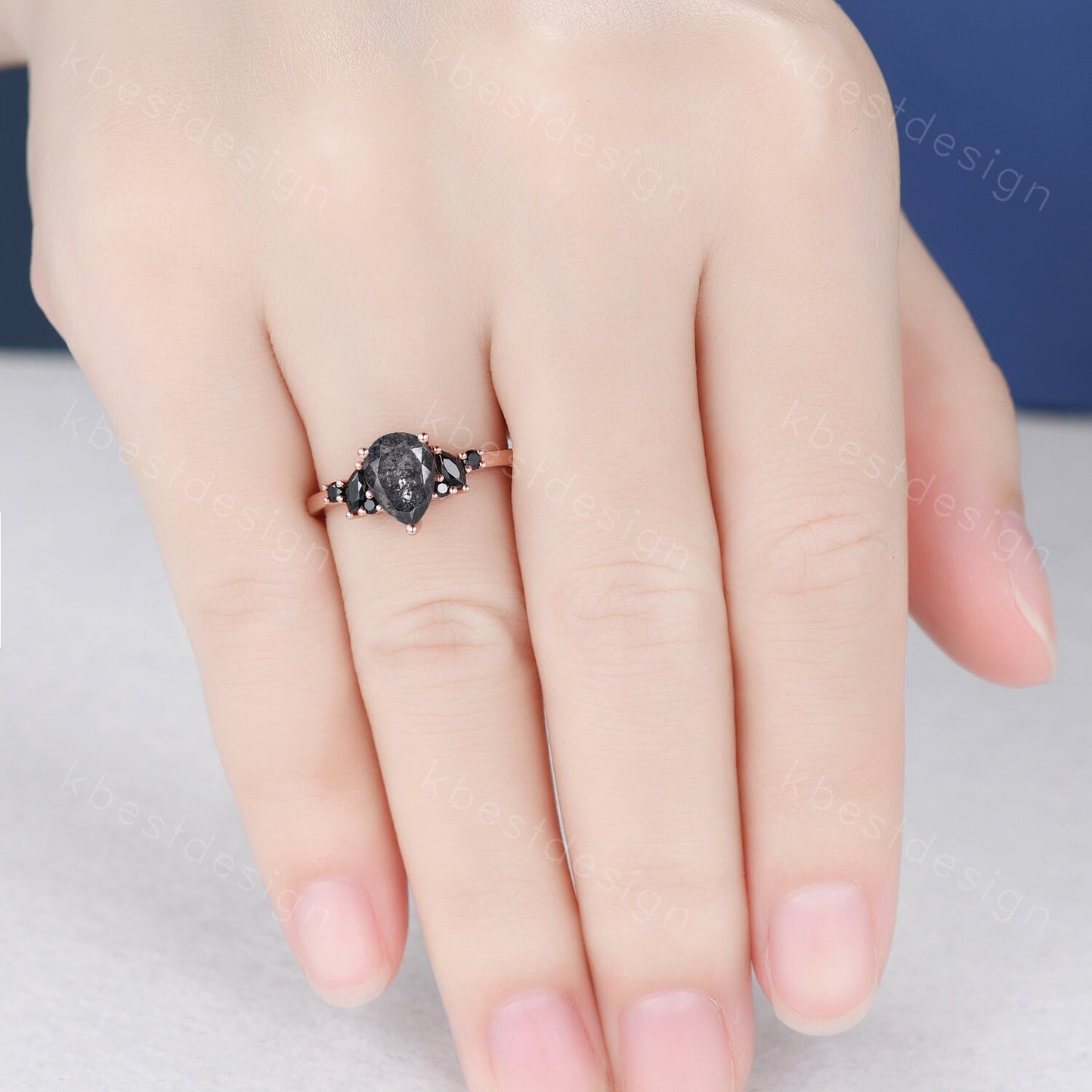 Pear Shaped Salt and Pepper Diamond Engagement Ring Unique Black Spinel Cluster Ring Rose Gold Marquise cut Ring Black Stone Promise Ring