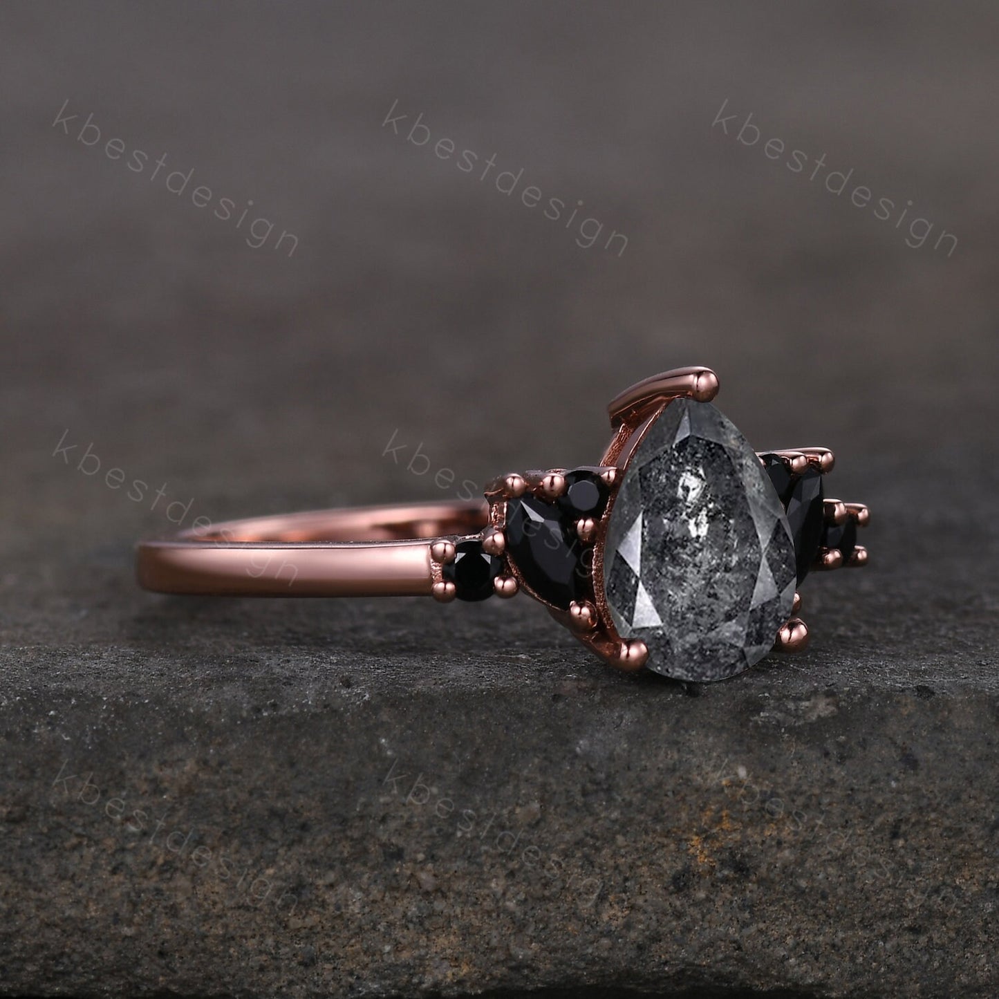 Pear Shaped Salt and Pepper Diamond Engagement Ring Unique Black Spinel Cluster Ring Rose Gold Marquise cut Ring Black Stone Promise Ring