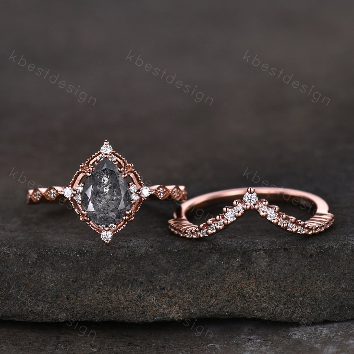 Vintage salt and pepper diamond engagement ring rose gold ring art deco curved stacking band pear shaped bridal set unique moissanite rings