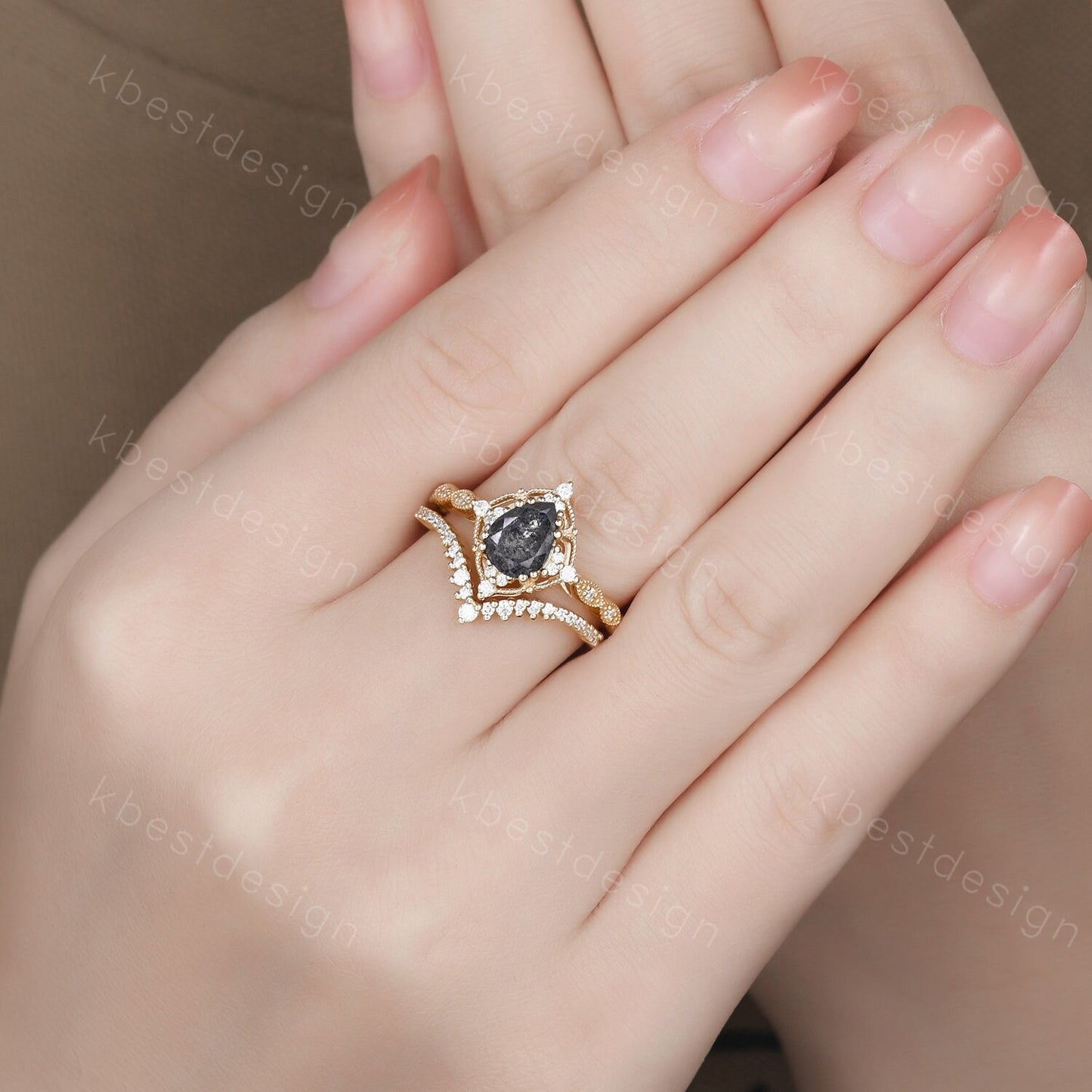 Vintage salt and pepper diamond engagement ring rose gold ring art deco curved stacking band pear shaped bridal set unique moissanite rings