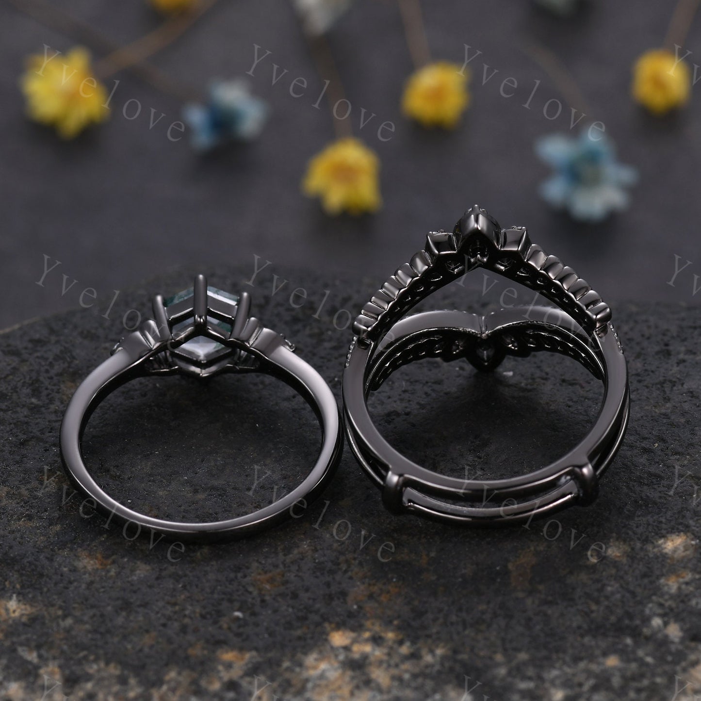 Hexagon Cut Smoky Quartz Engagement Ring Vintage Black Gold Ring Unique black wedding band,Diamond Ring Anniversary Gift,Celtic Gothic Ring