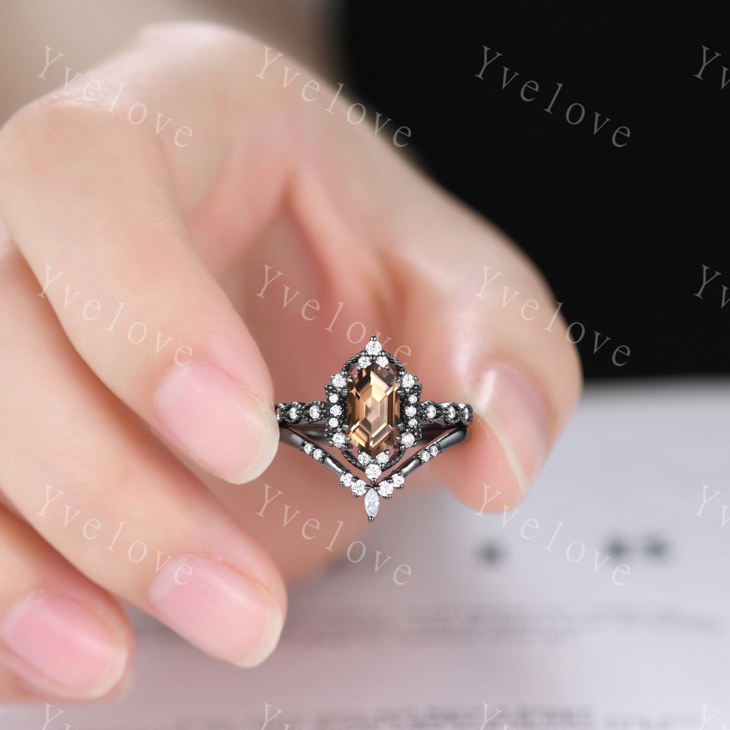 Retro Hexagon Shaped Smoky Quartz Engagement Ring Set Black Gold Antique V Curved Moissanite Stacking Matching Wedding Band Bridal Set