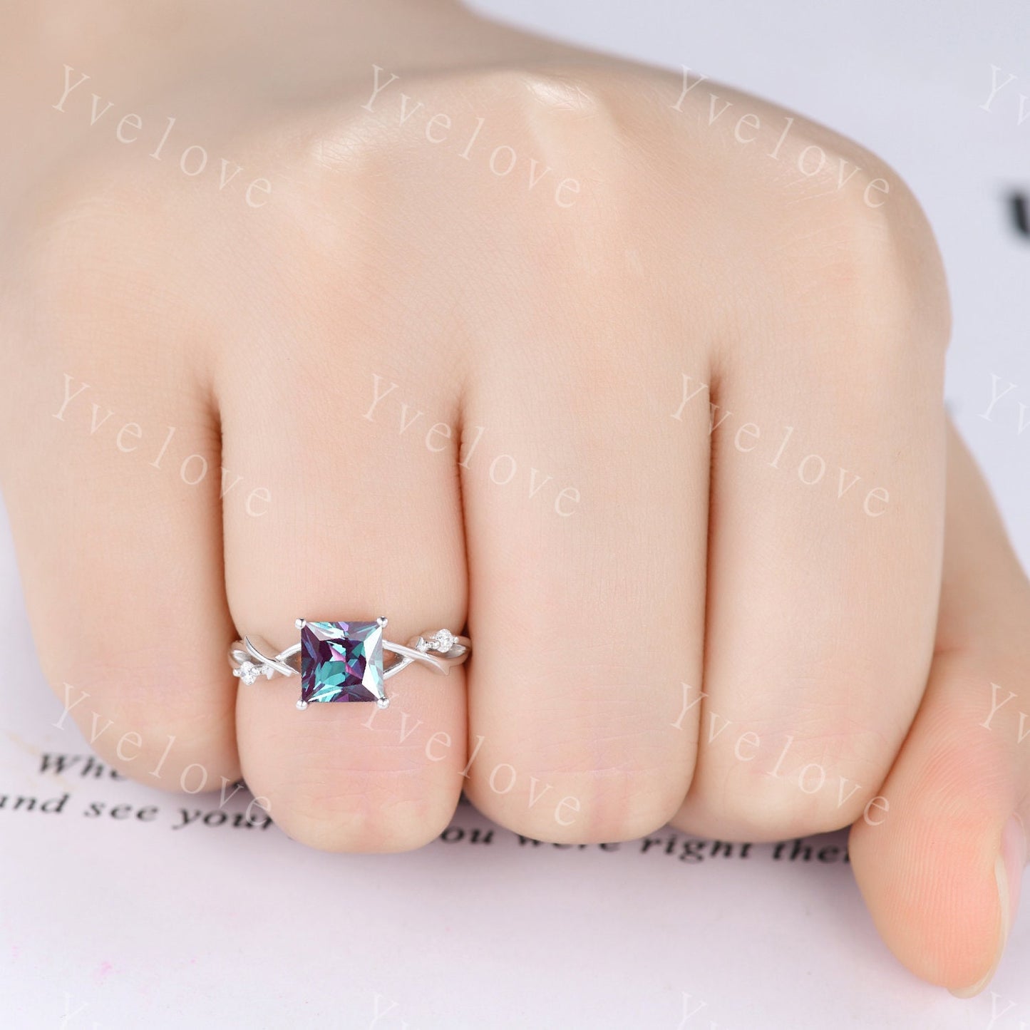 Unique Princess cut Alexandrite Engagement Ring Set,Art Deco Branch Twig Diamond Ring,Silver,Promise Wedding Ring Anniversary Gift For her