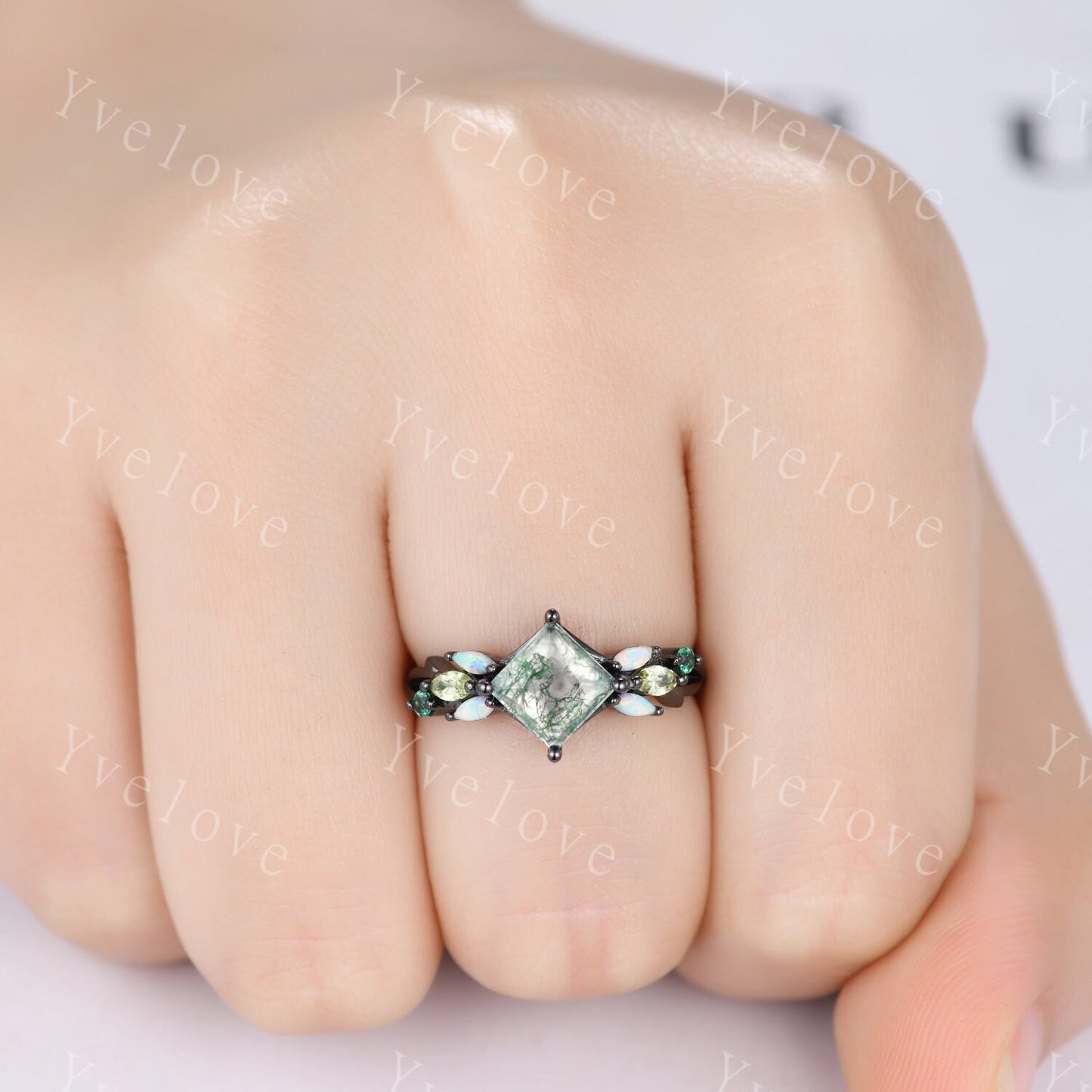 Vintage Princess Moss Agate Engagement Ring Set,Black Gold,Vines Emerald Opal Peridot Ring,Women Bridal Set,Unique Twig Promise Ring Gift