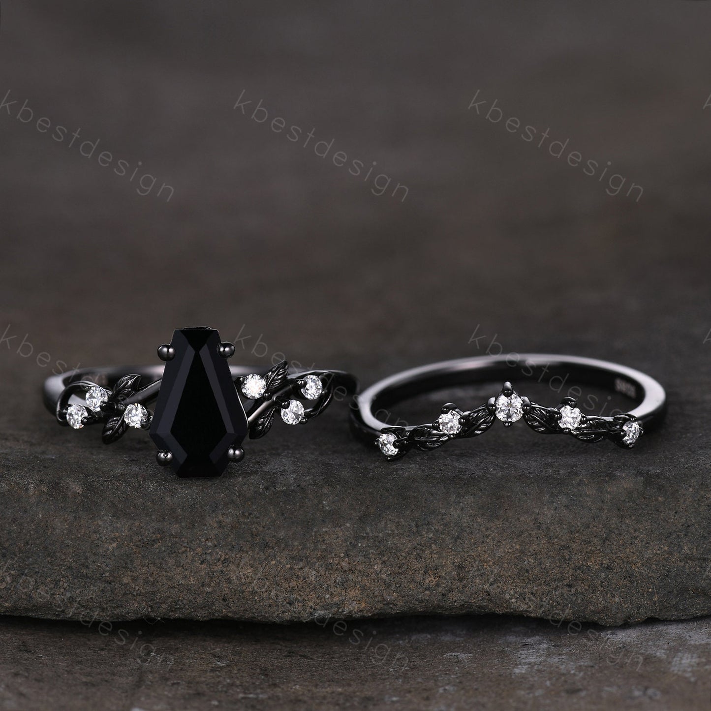 Vintage coffin cut black onyx engagement ring set black gold twig leaf moissanite ring nature branch ring unique bridal wedding ring set