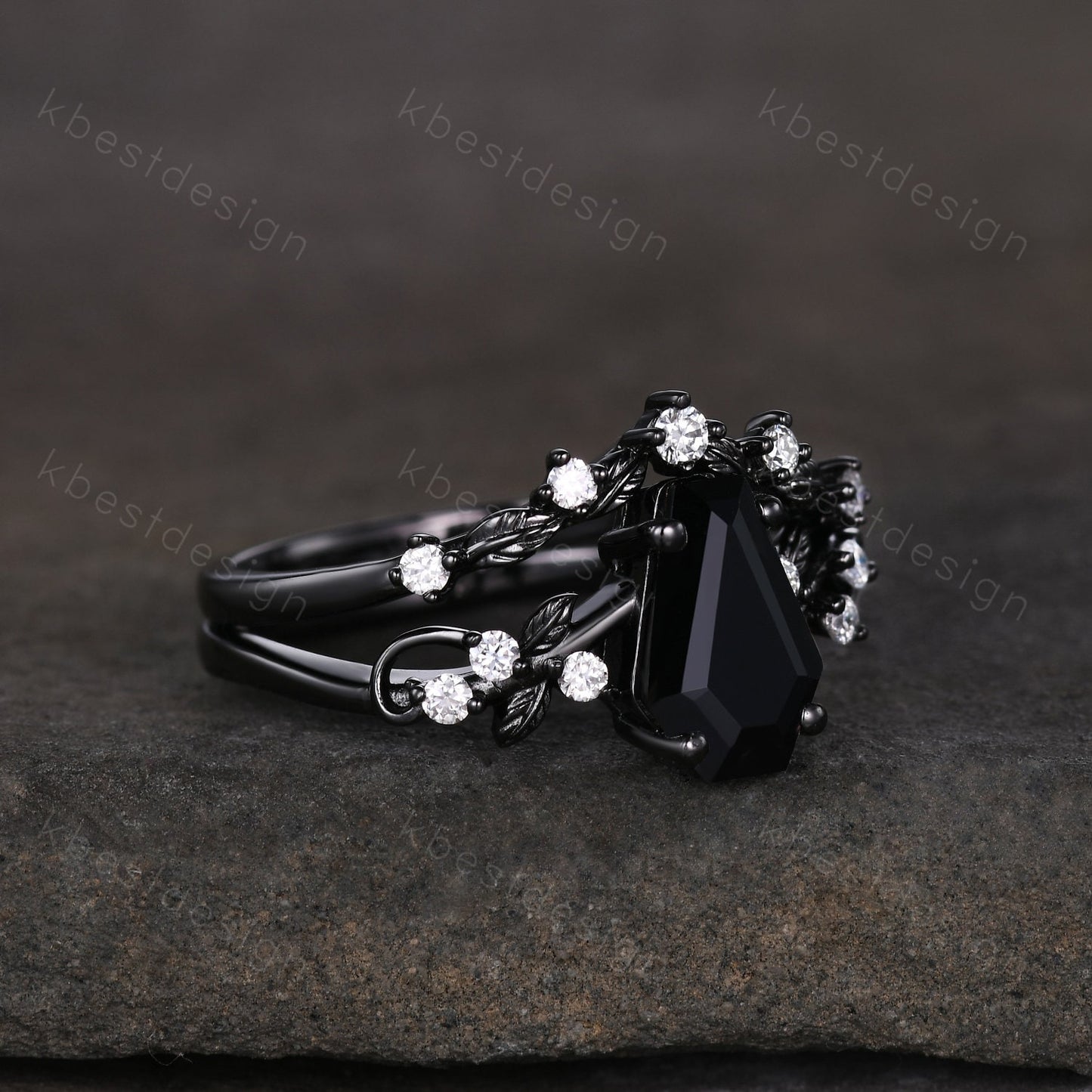Vintage coffin cut black onyx engagement ring set black gold twig leaf moissanite ring nature branch ring unique bridal wedding ring set