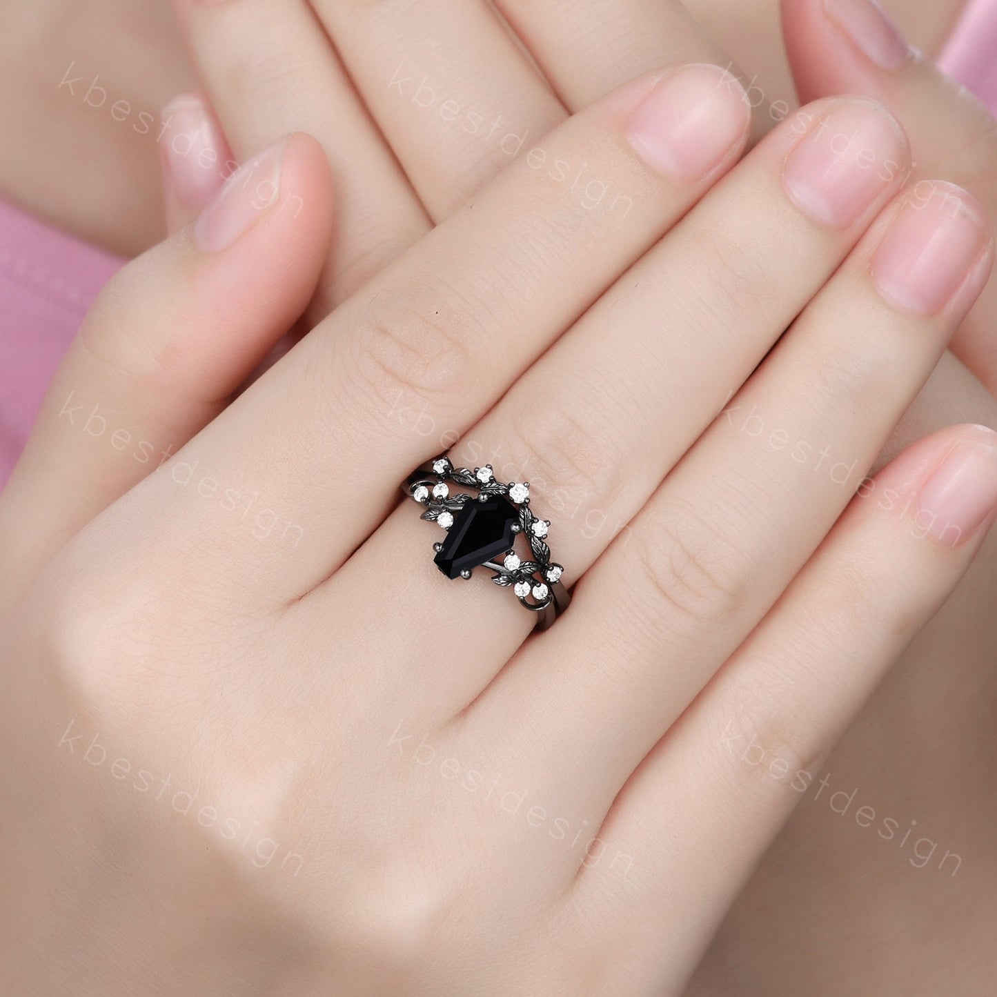 Vintage coffin cut black onyx engagement ring set black gold twig leaf moissanite ring nature branch ring unique bridal wedding ring set