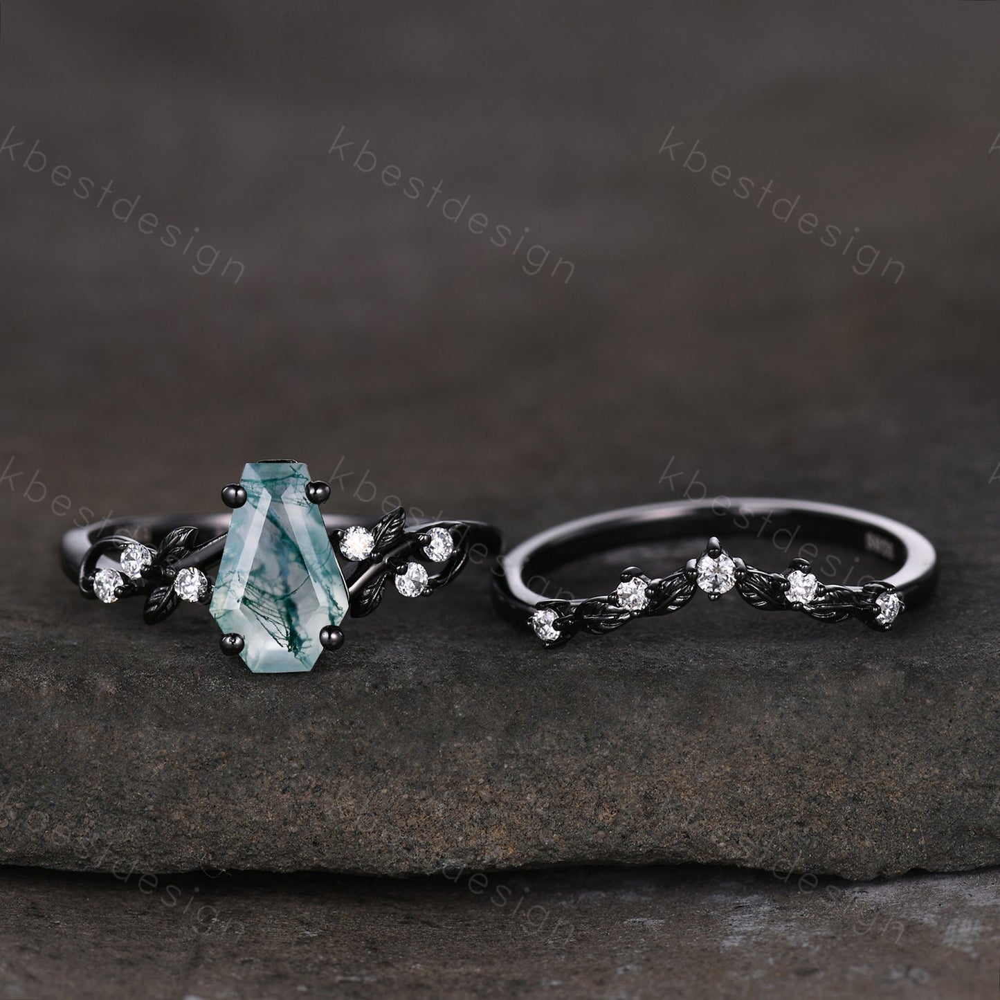 Vintage coffin moss agate engagement ring set black gold twig leaf moissanite ring natural green agate ring unique bridal wedding ring set