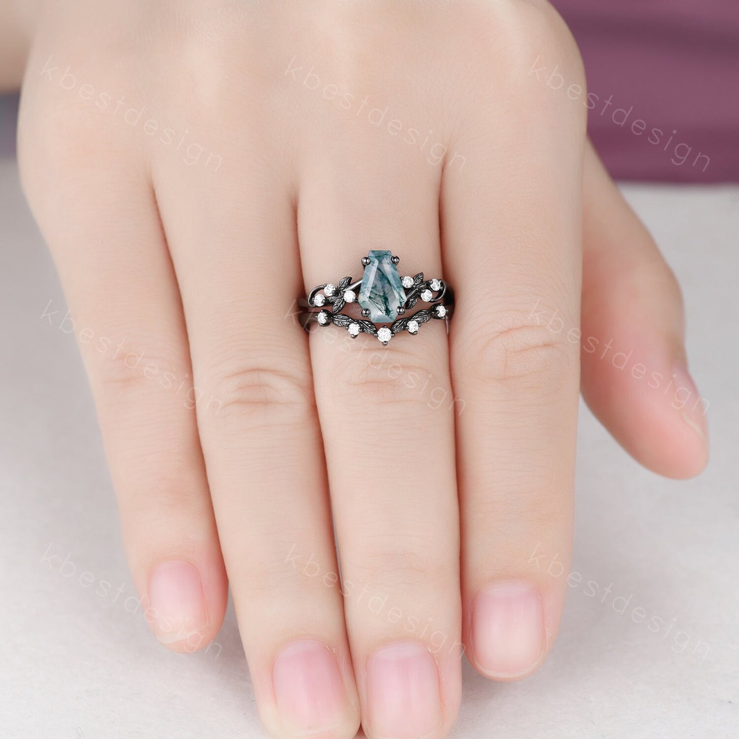Vintage coffin moss agate engagement ring set black gold twig leaf moissanite ring natural green agate ring unique bridal wedding ring set