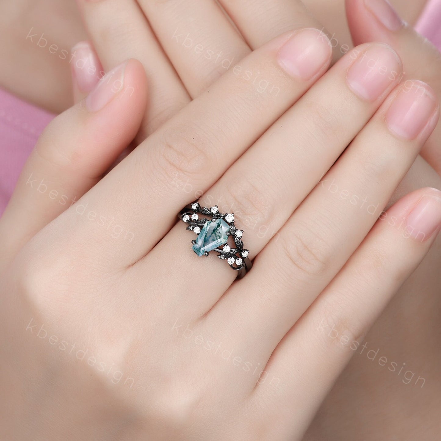 Vintage coffin moss agate engagement ring set black gold twig leaf moissanite ring natural green agate ring unique bridal wedding ring set