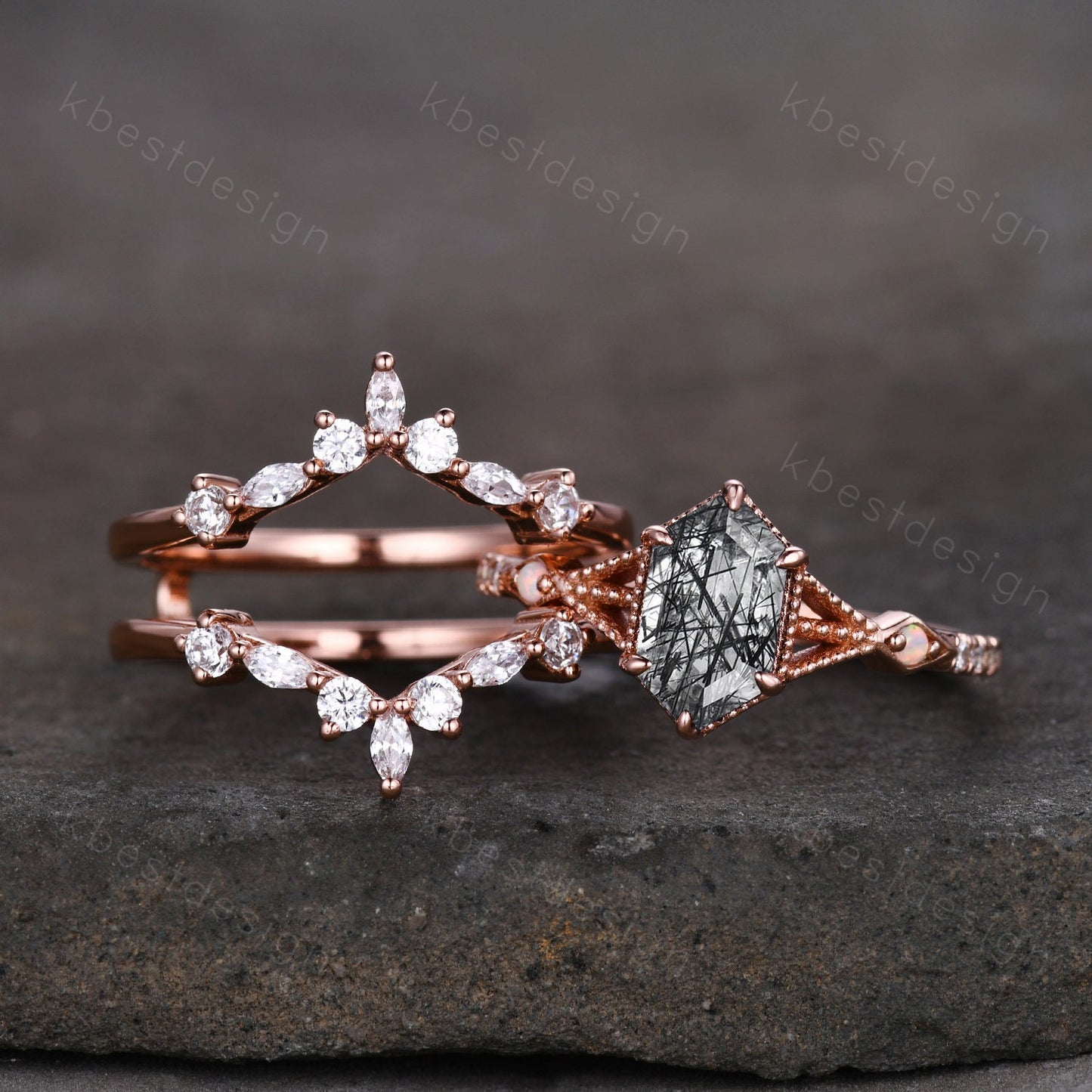 Antique Black Rutilated Quartz Engagement Ring Set Hexagon cut Engagement Ring Unique Art Deco Moissanite Stacking Band Bridal Promise Set