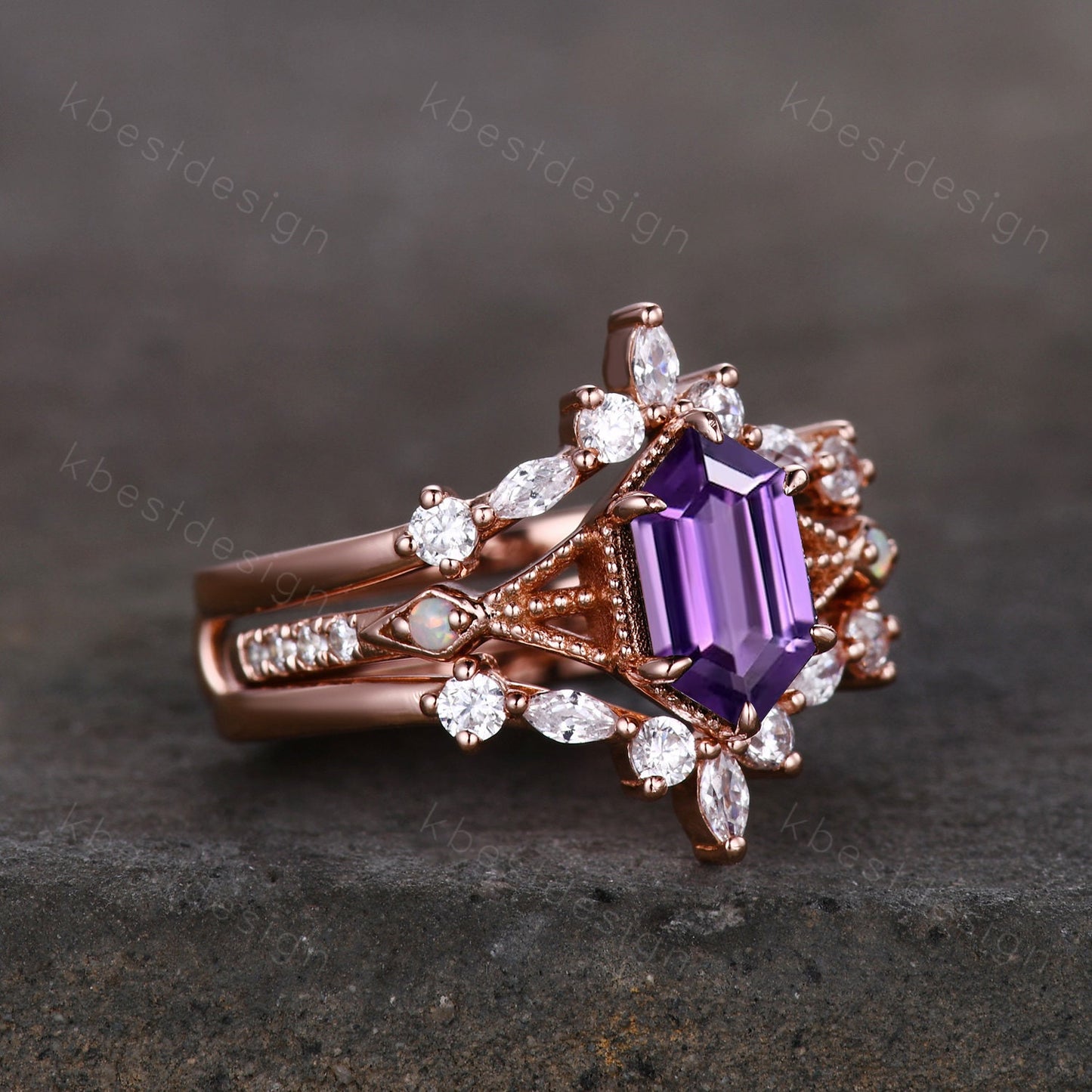 Antique Amethyst Engagement Ring Set Rose Gold Hexagon cut Engagement Ring Unique Art Deco Moissanite Stacking Band Bridal Promise Set