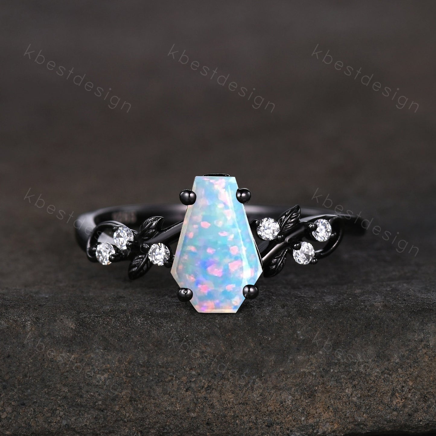 Vintage coffin white opal engagement ring set black gold twig leaf moissanite ring October birthstone ring unique bridal wedding ring set