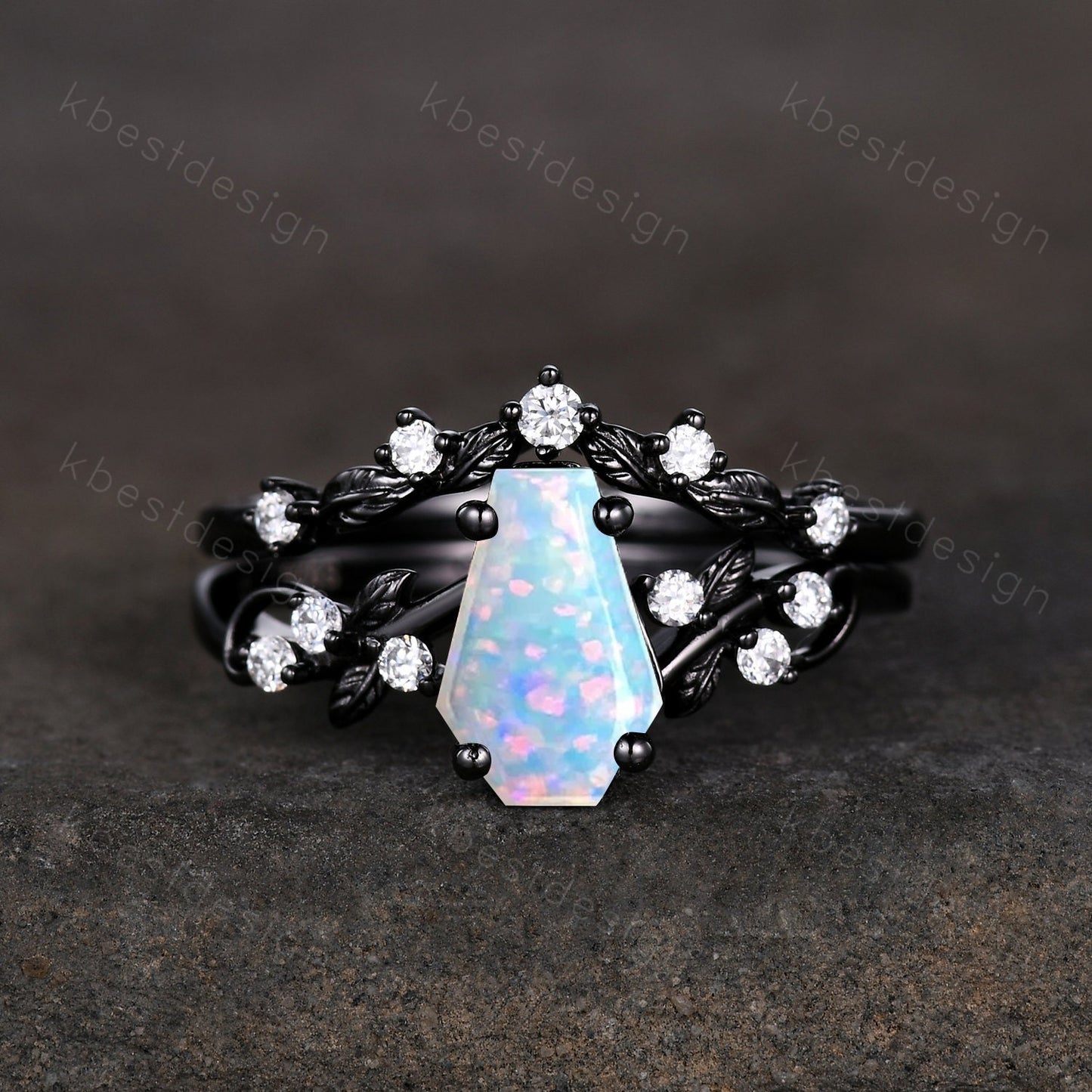 Vintage coffin white opal engagement ring set black gold twig leaf moissanite ring October birthstone ring unique bridal wedding ring set