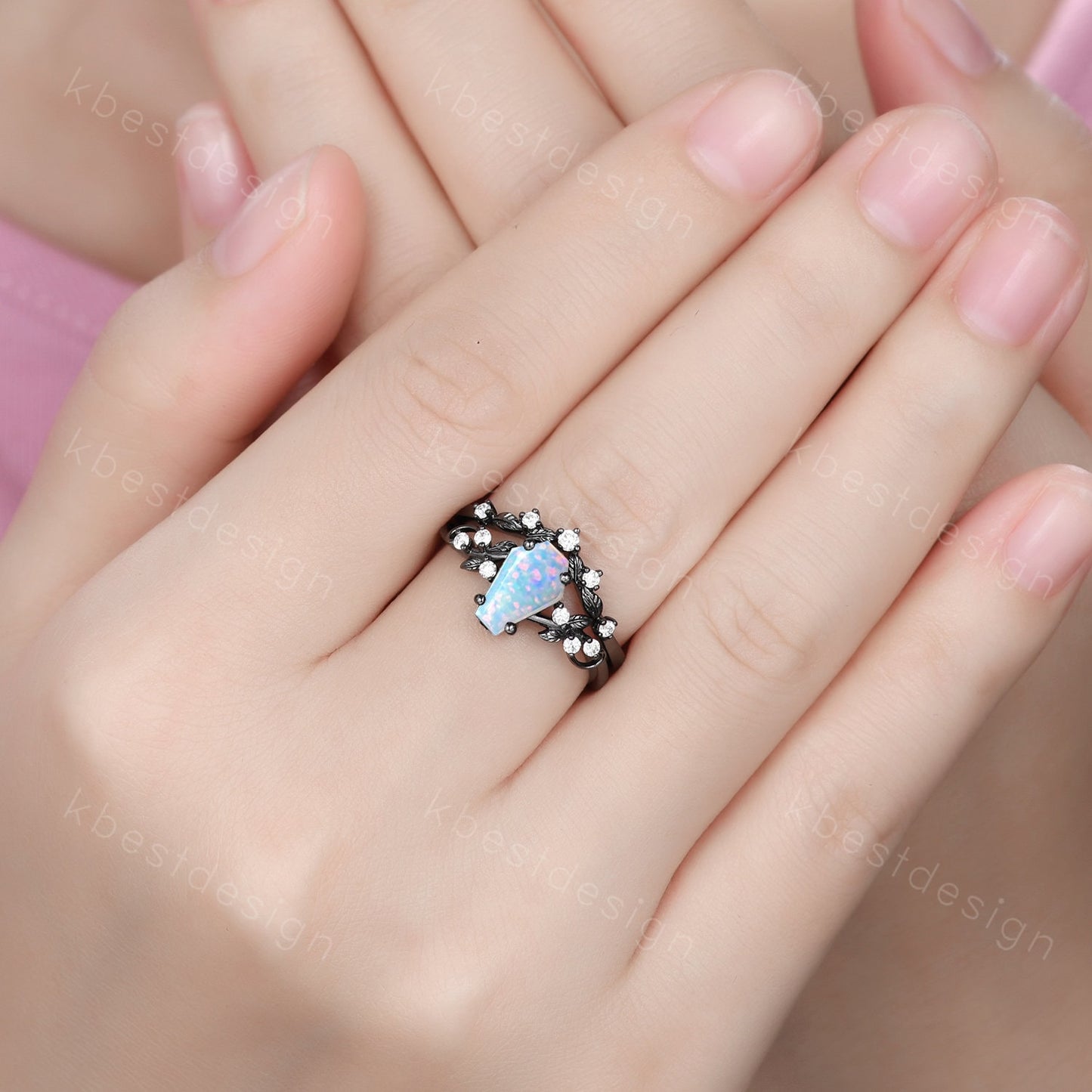 Vintage coffin white opal engagement ring set black gold twig leaf moissanite ring October birthstone ring unique bridal wedding ring set
